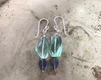 Fluorite and Iolite Gemstone Sterling Silver Earrings