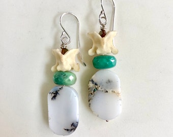 Dendritic Agate and Snake Bone Gemstone Sterling Silver Earrings