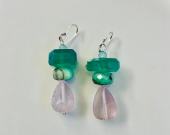 Amethyst Green Chalcedony Chrysoprase Gemstone Sterling Silver Earrings