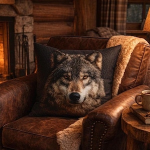 May include: A decorative throw pillow featuring a detailed image of a wolf's face. The pillow is dark gray and brown, placed on a brown leather armchair with a faux fur throw. The scene evokes a cozy, rustic aesthetic.