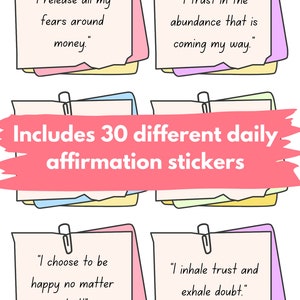 May include: A set of 30 daily affirmation stickers featuring square paper notes with black paperclips. Each note displays text: I release all my fears around money, I trust in the abundance that is coming my way, I choose to be happy no matter what, and I inhale trust and exhale doubt.