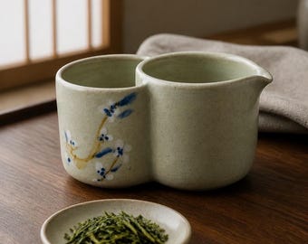 Katakuchi japonais en grès – Pichet à thé artisanal avec filtre intégré – Céramique céladon et décor sumi-e floral – Service à thé japonais
