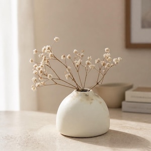 Può includere: Un piccolo vaso in ceramica bianco sporco, di forma rotonda, con una finitura opaca liscia e sottili macchie beige vicino all'apertura. Il vaso contiene un delicato rametto essiccato di fiori bianchi di gipsofila con steli sottili e ramificati.