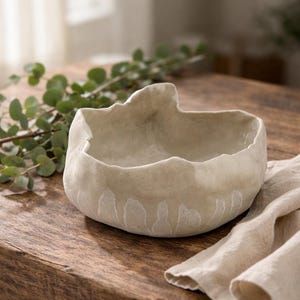 May include: A light-coloured ceramic bowl with a textured, uneven rim. The bowl has a rustic, organic look and a delicate white pattern around the base. It is displayed on a wooden surface. The bowl is likely handmade.