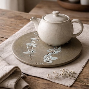 Handmade ceramic trivet – Saint Amand chamotte stoneware, Chinese painting decoration, glossy celadon glaze, unique piece