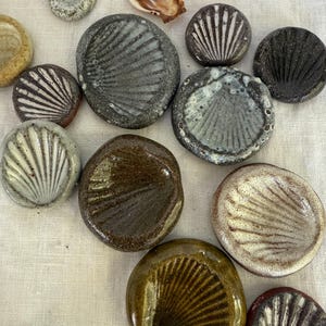 May include: A collection of ceramic seashell-shaped objects in various sizes and colors, including gray, brown, and cream. Some shells have a textured, ridged design. A natural seashell is also present.