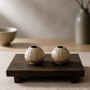 May include: Two small, round, speckled ceramic vases with dark openings sit on a dark wooden tray. The vases have a textured surface and are displayed on a light-colored linen runner. A neutral-toned bowl and vase are in the background.