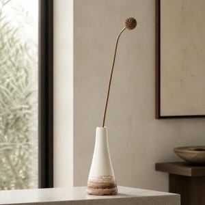 May include: A tall, slender, conical ceramic vase with a smooth white upper section and a textured, brown-toned base. A single, long, thin, light brown dried stem with a small, round, textured seed head is placed inside the vase.