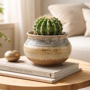 Peut inclure: Un cactus vert dans un pot en céramique décoratif et rond, avec un design à rayures de couleurs neutres. Le pot est posé sur une pile de livres avec le texte "ARTS OF THE CRAFTS". Une petite sphère décorative de couleur or est à côté des livres.