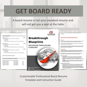 May include: A red arrow breaks through a wall of gray blocks, symbolizing the concept of "Breakthrough Blueprints." The text "NED Resume Template and Guidelines" is displayed in black text on a white background. The text "Customisable Professional Board Resume Template and Instruction Guide" is displayed in black text on a white background.