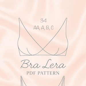 Può includere: Disegno a tratto di un modello di reggiseno con la scritta "Bra Lera PDF PATTERN". Il design del reggiseno include spalline regolabili e una chiusura posteriore. L'immagine mostra anche la taglia 34 e le coppe AA, A, B e C.