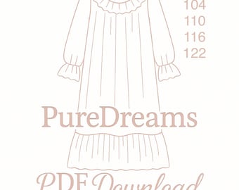 Mädchen Nachthemd PDF Schnittmuster – Rüschenborte, Grösse 4-7 (Digitaler Download)