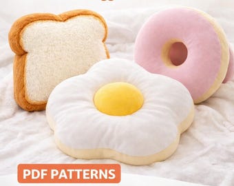 Lebensmittel Plüsch-Kissen Schnittmuster - Spiegelei, Toast, Donut (PDF-Muster)