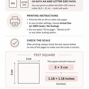 May include: An instructional document titled PRINTING THE PATTERN with icons for A4 and Letter size paper. It provides printing instructions, including selecting Actual Size, and features a 3 x 3 cm or 1.18 x 1.18 inch test square to verify scale.