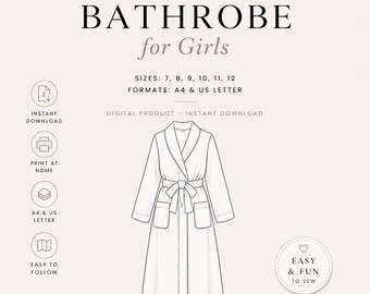 Pode incluir: Um molde de costura digital para roupão com um desenho linear de um roupão com gola xale, mangas compridas, dois bolsos aplicados e um cinto de amarrar. O texto diz: DIGITAL SEWING PATTERN, BATHROBE for Girls, SIZES: 7, 8, 9, 10, 11, 12, FORMATS: A4 & US LETTER, EASY & FUN TO SEW.