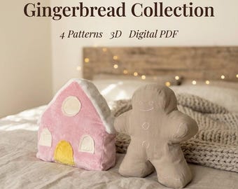 Christmas Pillow Sewing Pattern Bundle PDF, 3D Gingerbread House, Gingerbread Man, Christmas Tree, Gift Box Plush, Instant Download