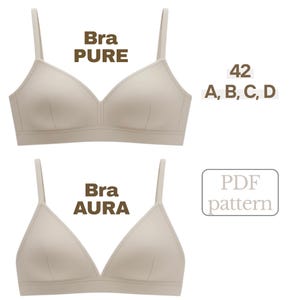 May include: Two beige bras, one labelled "Bra PURE" and the other "Bra AURA". The "Bra PURE" is a full-coverage style, while the "Bra AURA" is a triangle style. Text indicates size 42 and cup sizes A, B, C, D. A "PDF pattern" label is also present.