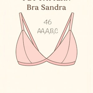May include: A light pink bra illustration with thin straps, featuring the text "PDF PATTERN Bra Sandra" and size information. The bra design is a soft, feminine style, suitable for sizes AA, A, B, and C.