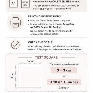 May include: An instructional document titled PRINTING THE PATTERN with icons for A4 and Letter size paper. It provides printing instructions, including selecting Actual Size, and features a 3 x 3 cm or 1.18 x 1.18 inch test square to verify scale.