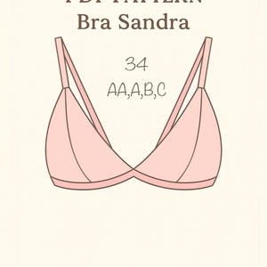 May include: A light pink bra illustration with the text "PDF PATTERN Bra Sandra" and sizing information. The bra is a triangle style with thin straps and a band at the bottom. Sizes include 34 AA, A, B, C.