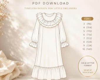 Girls' Nightgown PDF Sewing Pattern – Ruffle Trim, Sizes 3-10 (Digital Download)