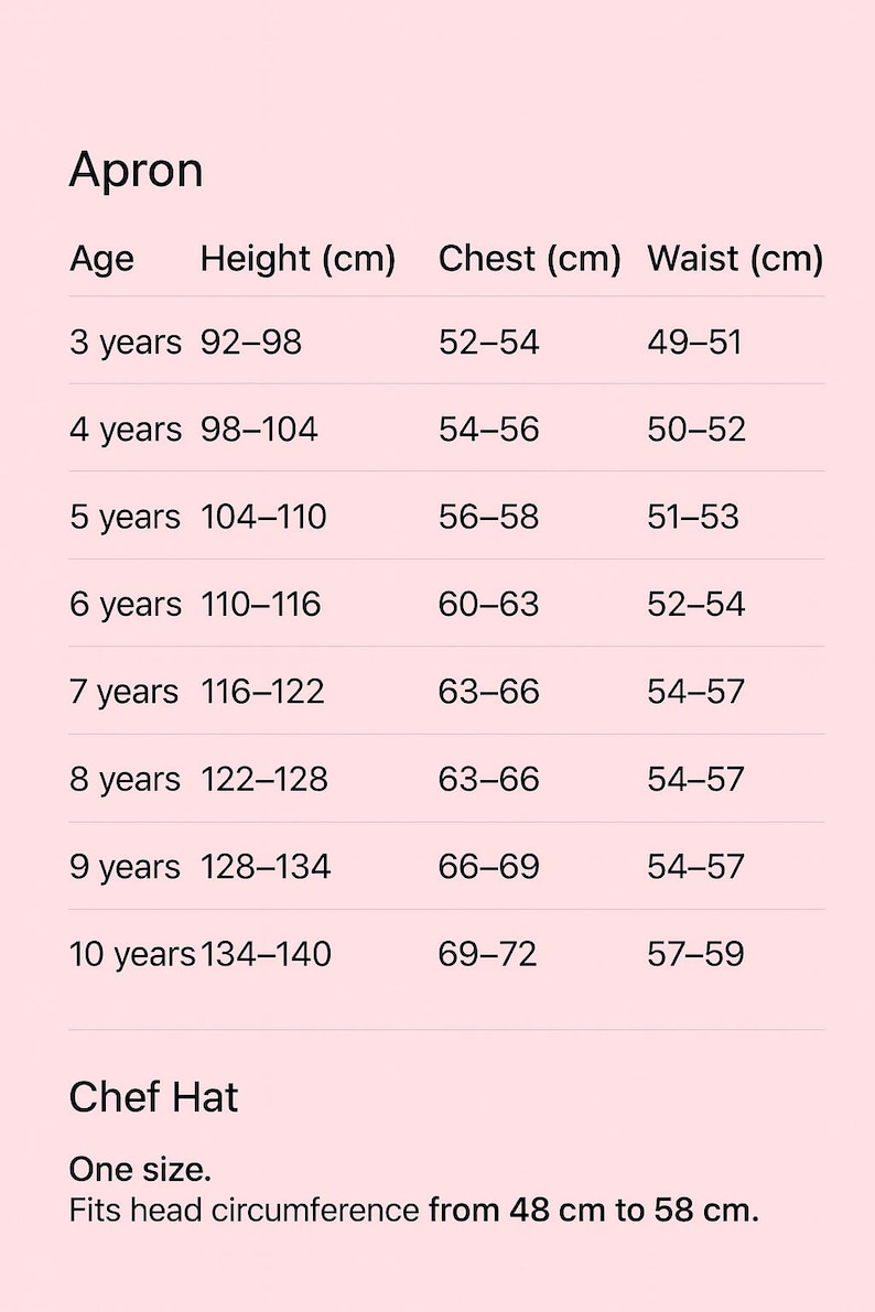 May include: A size chart for an apron and chef hat on a light pink background. The apron table lists age from 3 to 10 years with corresponding height, chest, and waist measurements in cm. The chef hat section specifies one size for 48 cm to 58 cm.