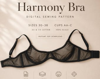 Harmony Bra PDF Sewing Pattern, Underwire Lingerie Pattern, Sizes 30–38 AA–C, A4 & US Letter, Instant Download