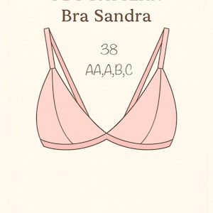Könnte beinhalten: Illustration eines hellrosa BHs mit dem Text "PDF PATTERN Bra Sandra" darüber. Der BH ist hellrosa mit dünnen Trägern und einem Crossover-Design. Der Text "38 AA,A,B,C" steht darunter.