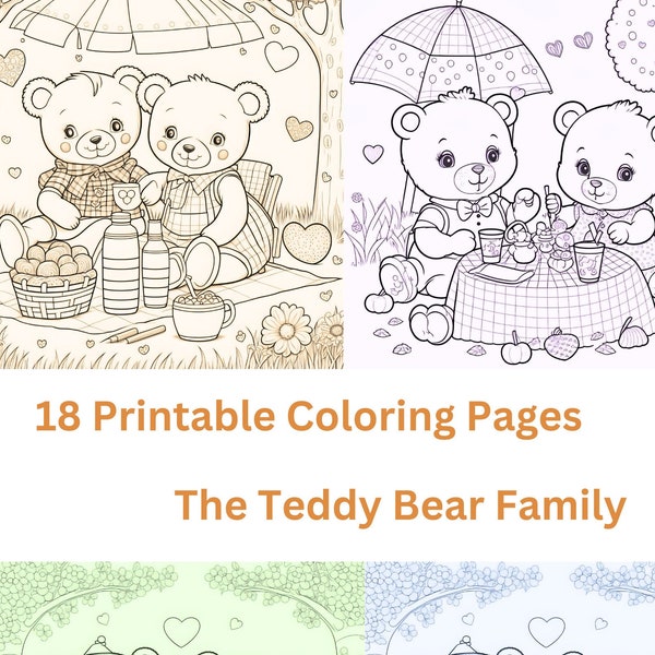 Printable Coloring Pages, Coloring Book for Children, The Teddy Bear Family, Animal Illustration, Cute Colouring Pages for Kids
