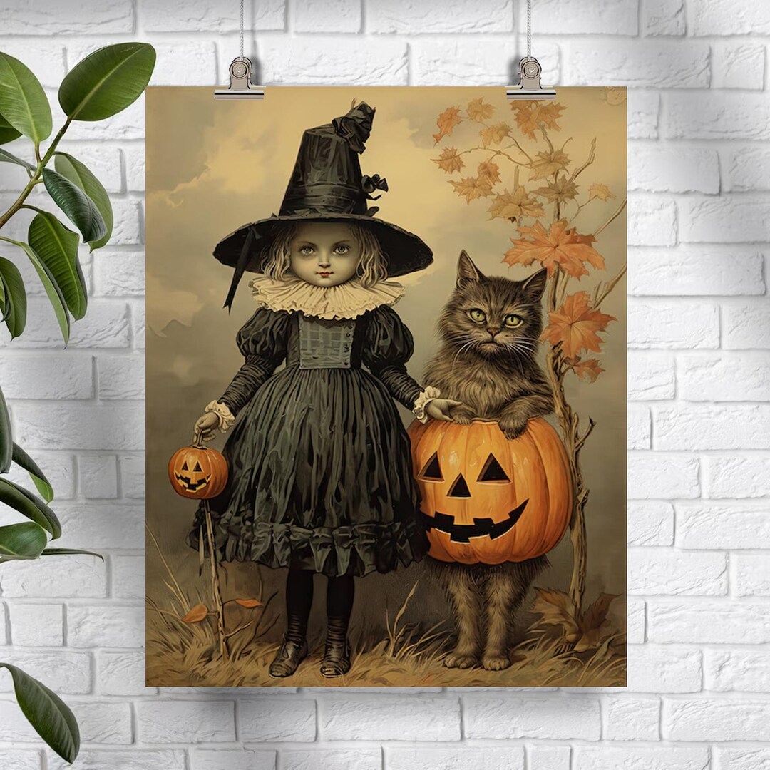 Witch and Cat Oil Painting Wall Art Print Poster, Halloween Wall Art