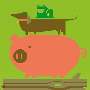 May include: A green frog sits on top of a brown dachshund, which is standing on a pink pig. The pig is standing on a brown log.