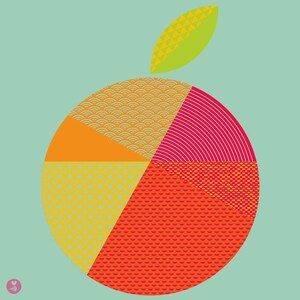 May include: A colorful illustration of a fruit with a green leaf on top. The fruit is divided into six sections, each with a different geometric pattern. The patterns are in shades of orange, yellow, red, and pink.