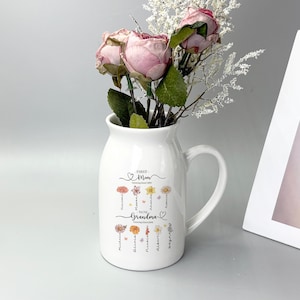Personalized Floral Birthday Month Garden Vase, Custom Ceramic Vase Gift for First-time Mother, Engraved Memorial Vase Birthday Gift for Her