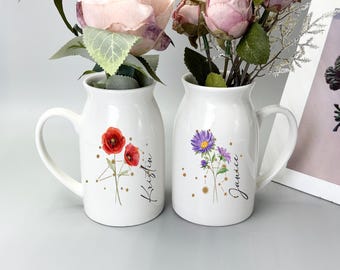 Personalisierte Blumen Geburtstag Monat Gartenvase, individuelle Keramikvase mit Sternbild Zeichen, Gravur Erinnerungsvase Geburtstagsgeschenk für Sie