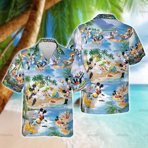 May include: A short-sleeved shirt with a button-down collar, showcasing a colourful all-over print of Disney characters, including Mickey Mouse and Donald Duck, on a beach. The shirt has a light blue background with palm trees and ocean scenes.