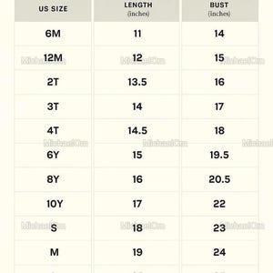 May include: Size chart for a kid's baseball jersey, with measurements in inches. Includes US sizes from 6M to L, with corresponding lengths and bust measurements. The chart is on a cream background.