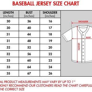 May include: Baseball jersey size chart with measurements in inches for length, bust, and shoulder. Sizes range from S to 6XL. A diagram illustrates where to measure the bust, shoulder, and length of the jersey. The text at the top reads "BASEBALL JERSEY SIZE CHART."
