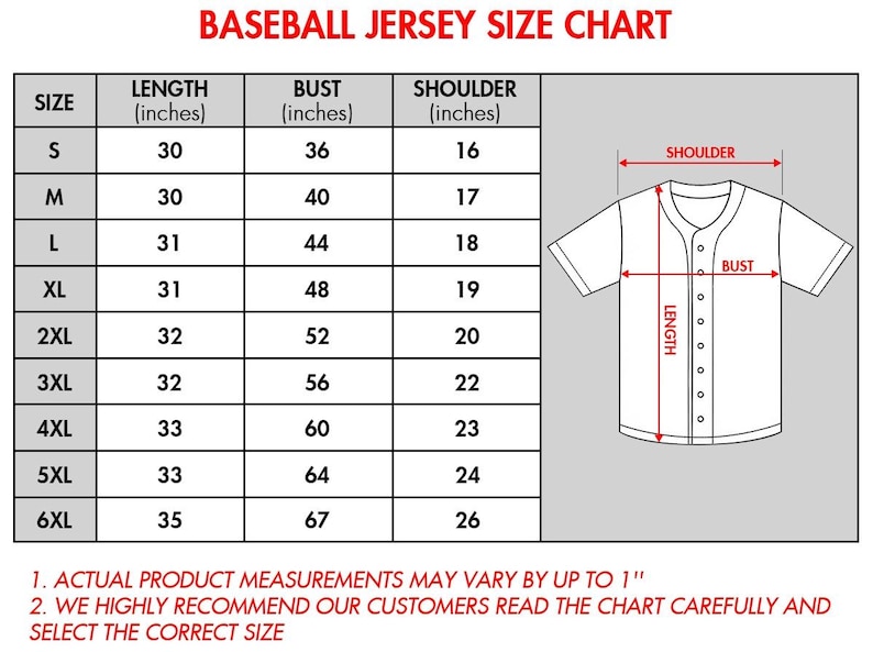 May include: Baseball jersey size chart with measurements in inches for length, bust, and shoulder. Sizes range from S to 6XL. A diagram illustrates where to measure the bust, shoulder, and length of the jersey. The text at the top reads "BASEBALL JERSEY SIZE CHART."