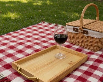 Handcrafted Wooden Serving Tray: Farmhouse Ottoman Decor, Natural Pine with Golden Handles
