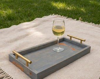 Handcrafted Wooden Serving Tray: Rustic Farmhouse Ottoman Display, Weathered Gray