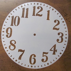 May include: A white clock face with cut-out numbers and small dots around the perimeter. The numbers are in a classic font, and a small hole is in the center. The clock face is a blank canvas for a DIY project.