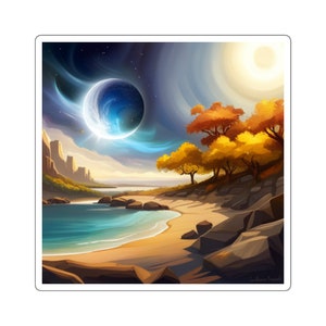 May include: A digital painting of a beach scene with a large, blue planet in the sky. The planet is surrounded by a swirling cloud of blue and white. The beach is sandy and there are rocks in the water. There are trees on the shore with yellow leaves. The sun is shining in the sky.