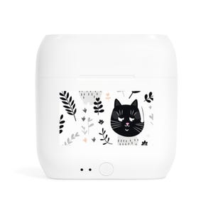 Könnte beinhalten: Weiße kabellose Ladeschale mit einem schwarzen Katzen- und Blumenmuster.