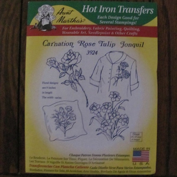 Aunt Martha's Iron on transfers Carnation Rose Tulip Jonquil #3924 Brand New