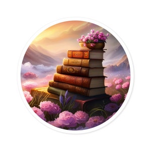 May include: A stack of vintage books with leather covers sits on a rock in a field of pink flowers. The books are arranged in a pyramid shape, with the top book being the smallest. The background is a hazy mountain range with a sunset sky.
