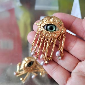 Pendientes de borla vintage Evil Eye" - estilo de corte antiguo con perlas, pendientes/clips colgantes de oro únicos