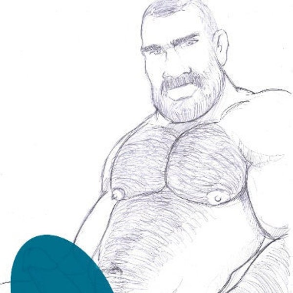 MUSCLE BEAR. ADULT. Gay art. Portrait. Muscle men. Original art. male nude. Male figure. Bear. Beard. homoerotic.