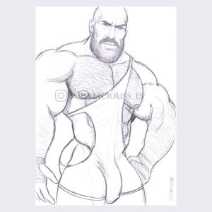 Puede incluir: Un dibujo a lápiz en blanco y negro de un hombre musculoso con barba que lleva un maillot de lucha de una pieza.