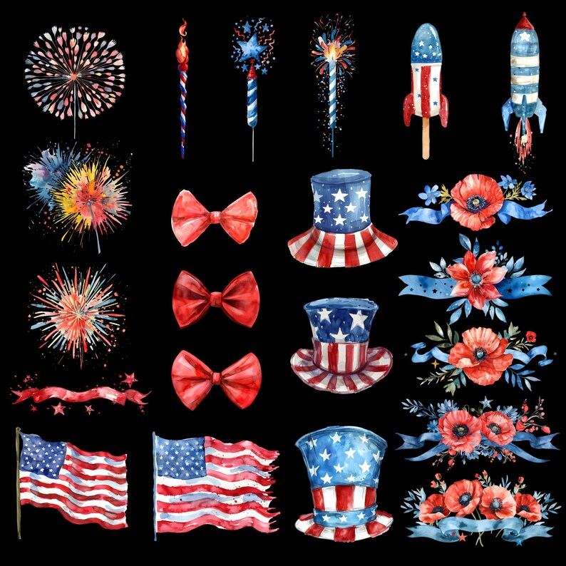 May include: Watercolor illustrations of various patriotic symbols, including fireworks, stars, red, white, and blue bow ties, top hats, and flags. The illustrations are perfect for adding a festive touch to your 4th of July crafts.