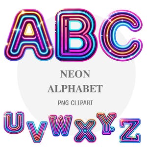 Alfabeto de néon, alfabeto retrô, abc retrô, arte de néon colorida, letras estéticas da vida noturna, néon arco-íris, letra de arte pop, néon moderno